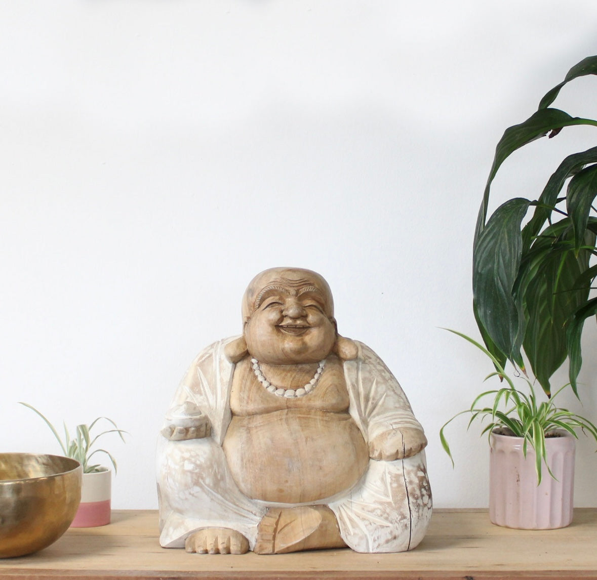 Large Happy Buddha Statue - Whitewash 30cm Carved Wood