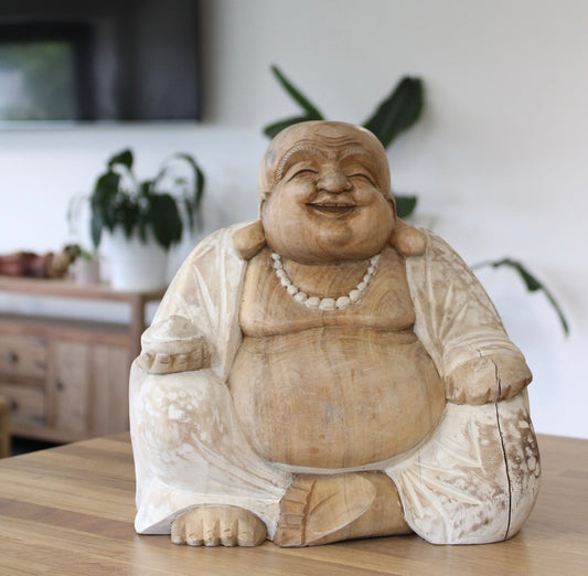 Large Happy Buddha Statue - Whitewash 30cm Carved Wood