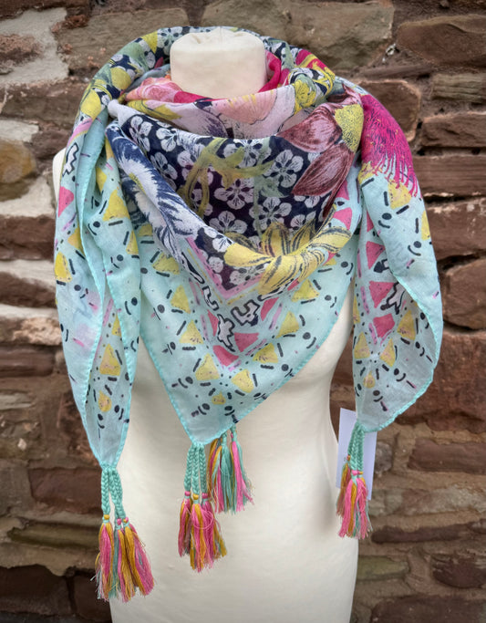 Square Scarf Tassels - Aqua Floral