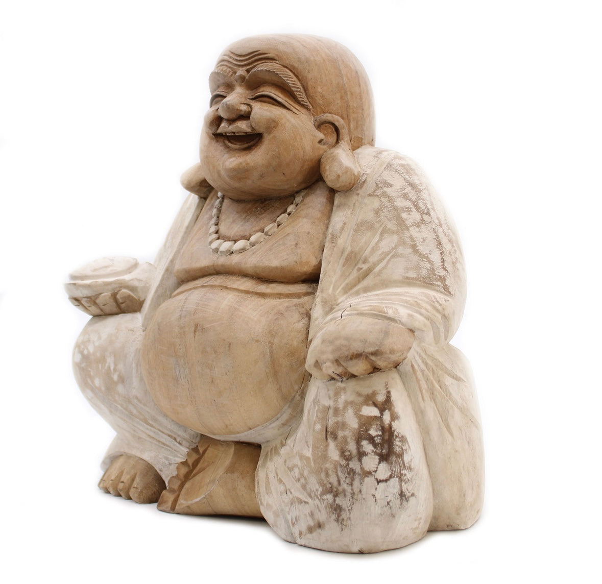 Large Happy Buddha Statue - Whitewash 30cm Carved Wood