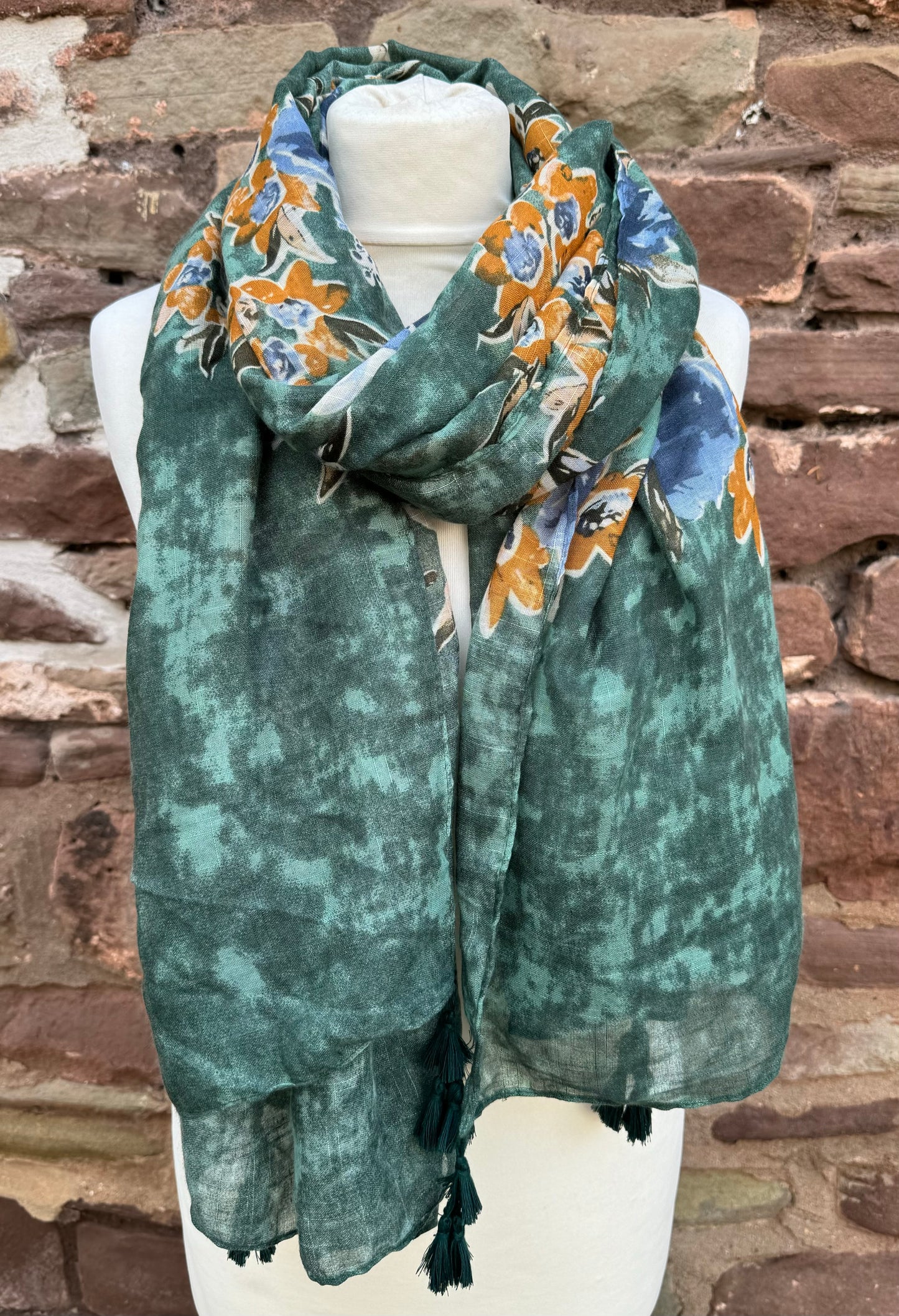 Flower Print Tassel Scarf - Green