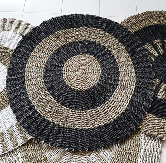 Round Seagrass Rug Black & Tan Sun 1m Diameter