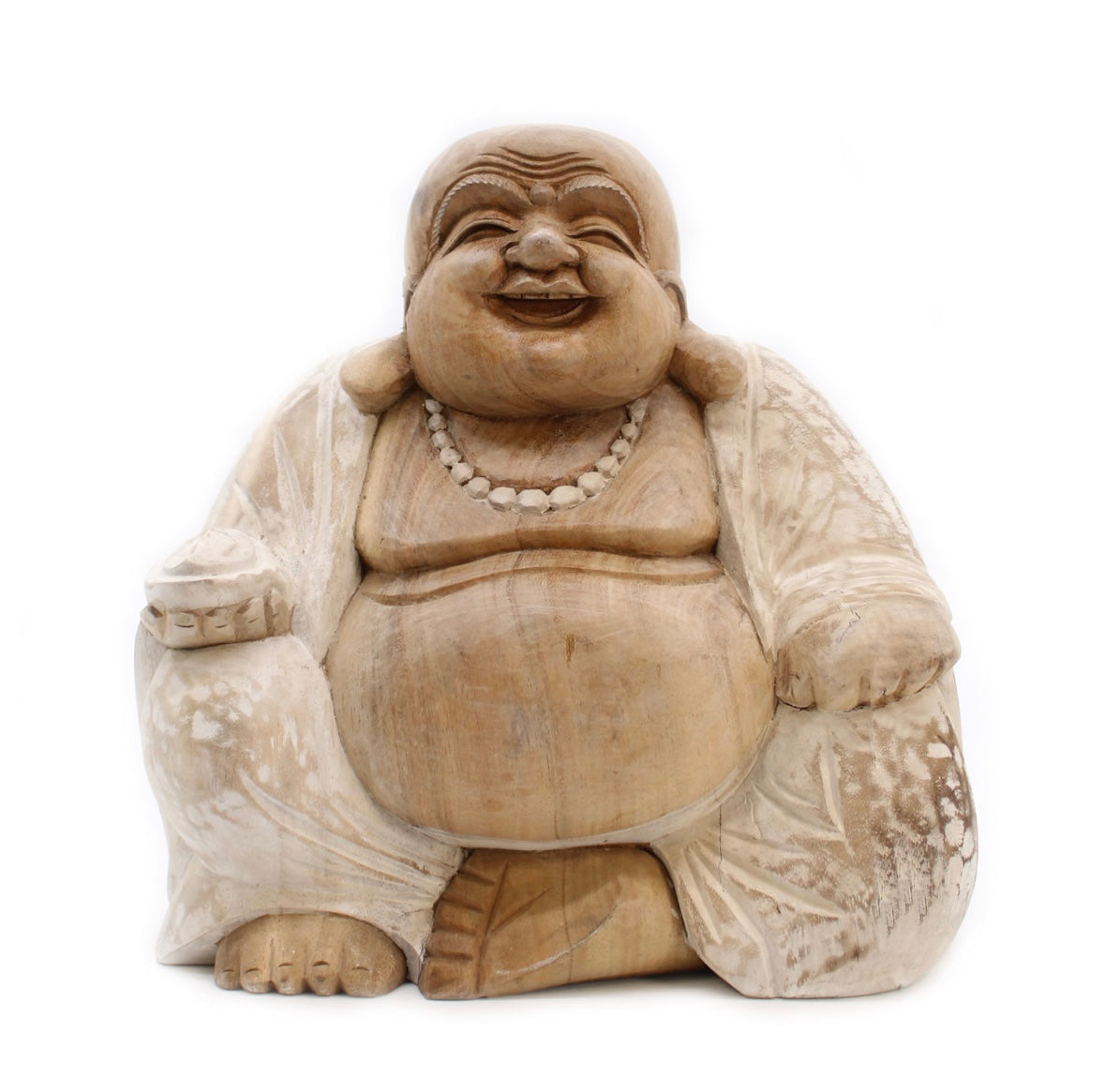 Large Happy Buddha Statue - Whitewash 30cm Carved Wood